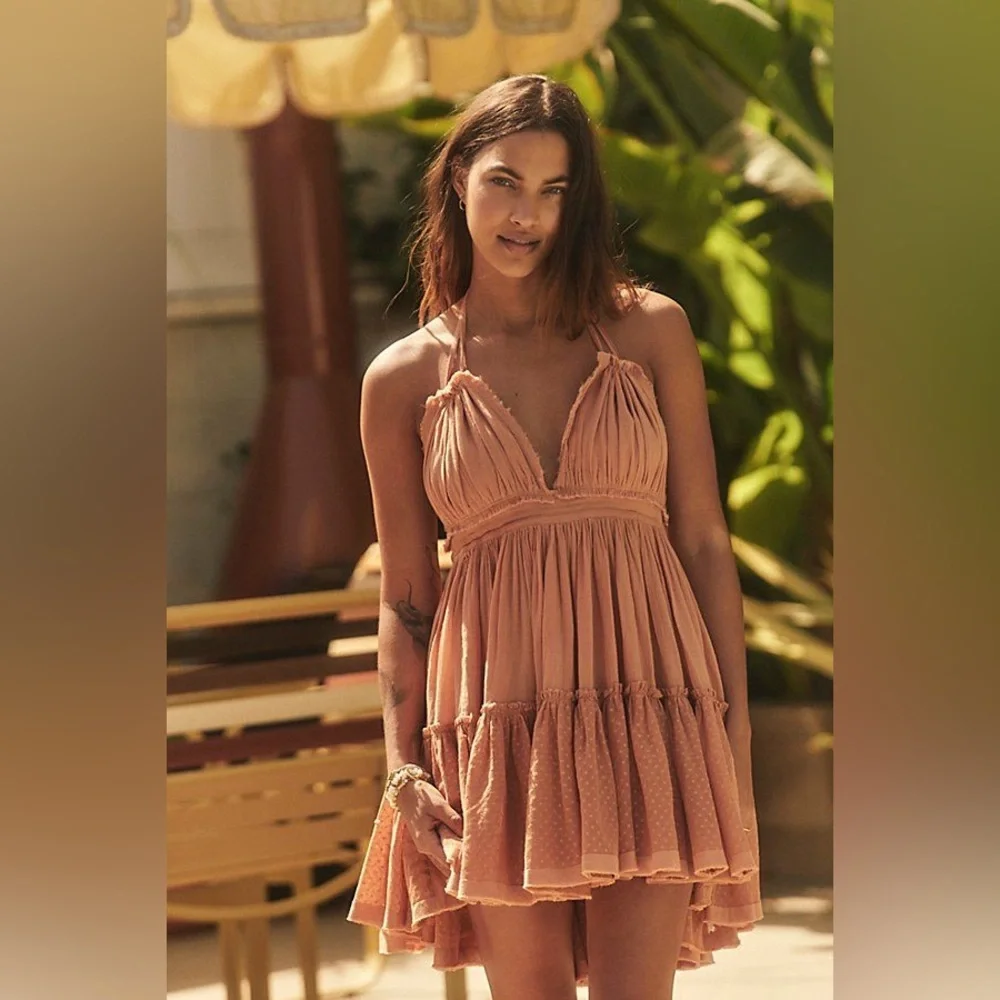 Rare HTF Free People | 100 Degree Flowy Layered Mini Dress in Mauve Sz L - Picture 9 of 17